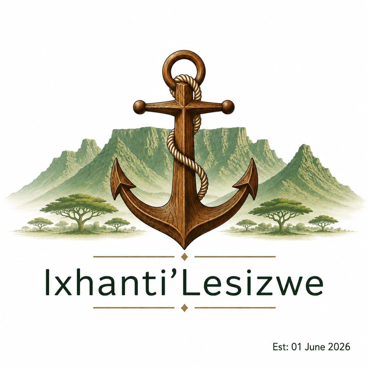 The Ixhanti’Lesizwe anchor artwork: a wooden anchor in front of Table Mountain and acacia trees